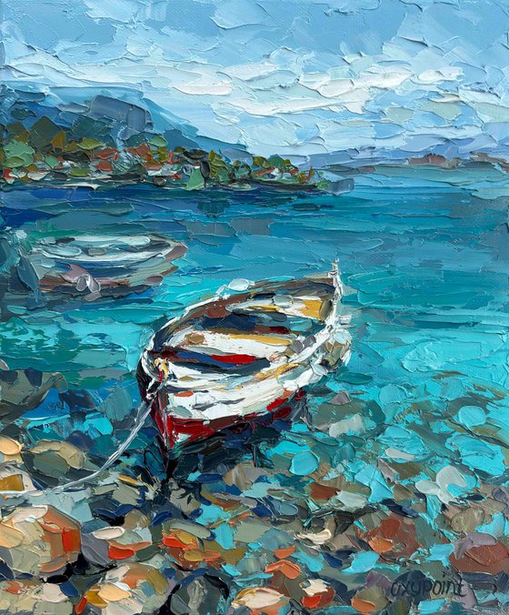 "Boat by the Shore" seascape painting