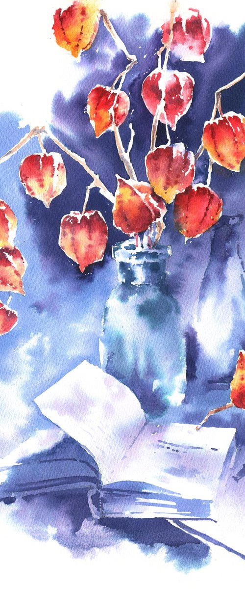 Still life with physalis branches and a book in the garden watercolor by Ksenia Selianko