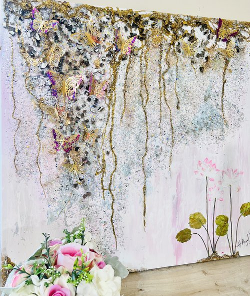 The Lili garden abstract floral soft pink tones with golden butterflies and glitter by Henrieta Angel