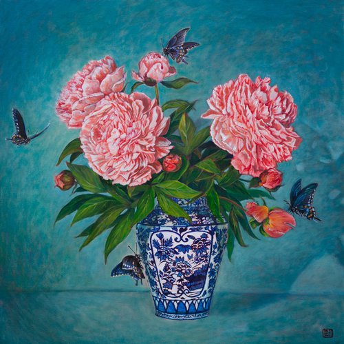 Peonies and Butterflies by Liudmila Pisliakova