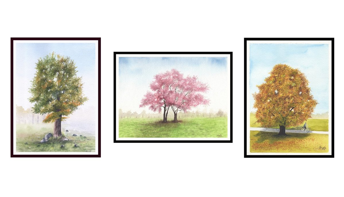 Photorealistic Watercolour , Collection Of Trees Iv By Shweta Mahajan, 7 X 10, Artwork For Sale On Artfinder