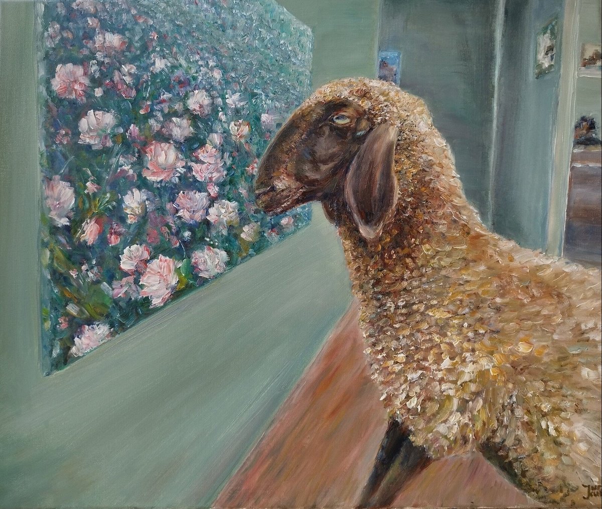 Photorealistic Animal Oil Painting By Jura Kuba Art, 24 X 20", A Sheep In The Gallery, Original Artwork