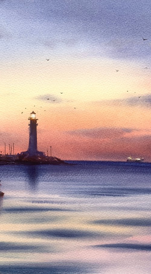 Sunset on the sea, Lighthouse, #4 by Eugenia Gorbacheva