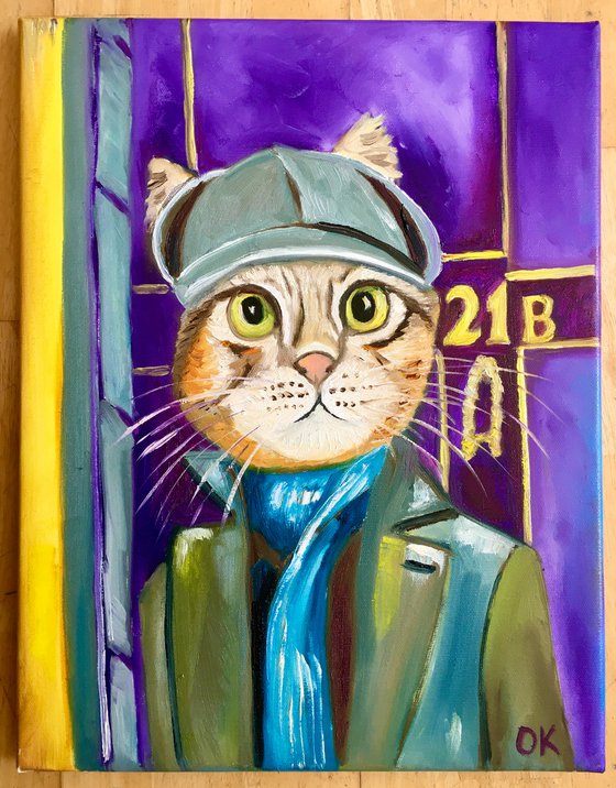 Troy The  Cat- Sherlock Holmes  Baker  Street 221 B   oil painting for cat lovers.