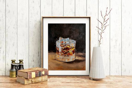 Glass of whiskey, Bourbon Painting Original Art Whiskey Ice Wall Art Cocktail Artwork