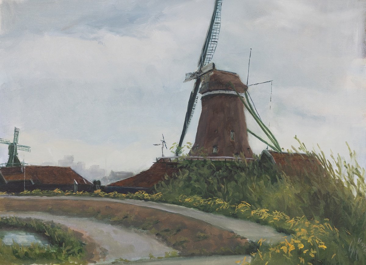 Impressionistic Cityscapes Oil Painting By Cedric Visser, 20 X 15, Grey Day At The Zaanse Schans, Original Artwork