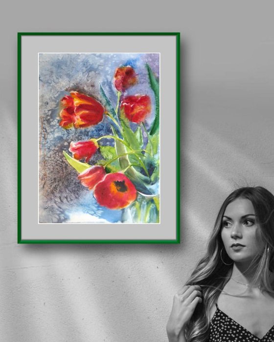 Red Tulips Watercolor Painting Expressive and Loose Floral Art