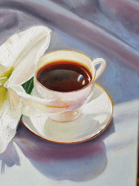 "A small cup of aromatic coffee. "  still life summer  white liGHt original painting  GIFT (2021)