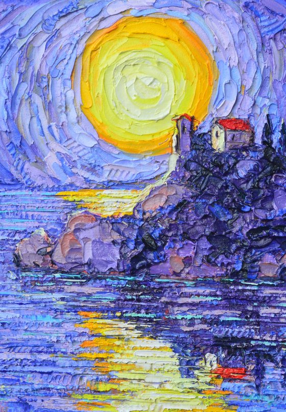 ISOLA BELLA MYSTIC MOONLIGHT Sicily Italy textural impasto palette knife oil painting by Ana Maria Edulescu modern contemporary impressionism art