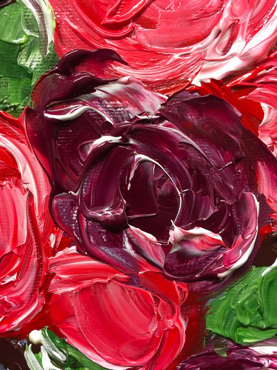 BOUQUET OF Red Bordo  Roses  #11 palette  knife Original Acrylic painting office home decor gift