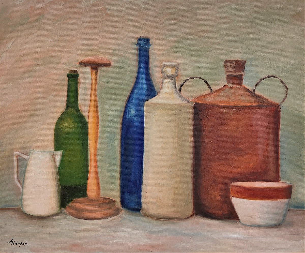 Impressionistic Still Life Oil Painting By Albina Urbanek, 22 X 18, The Blue Bottle / And Why Not Morandi-, Original Artwork