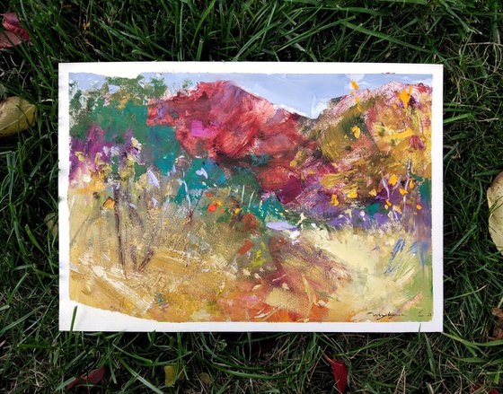 Autumn mood . Red and green. In the mountains . Original oil painting