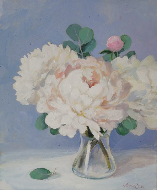 “Peonies on Blue” by Anna Silabrama