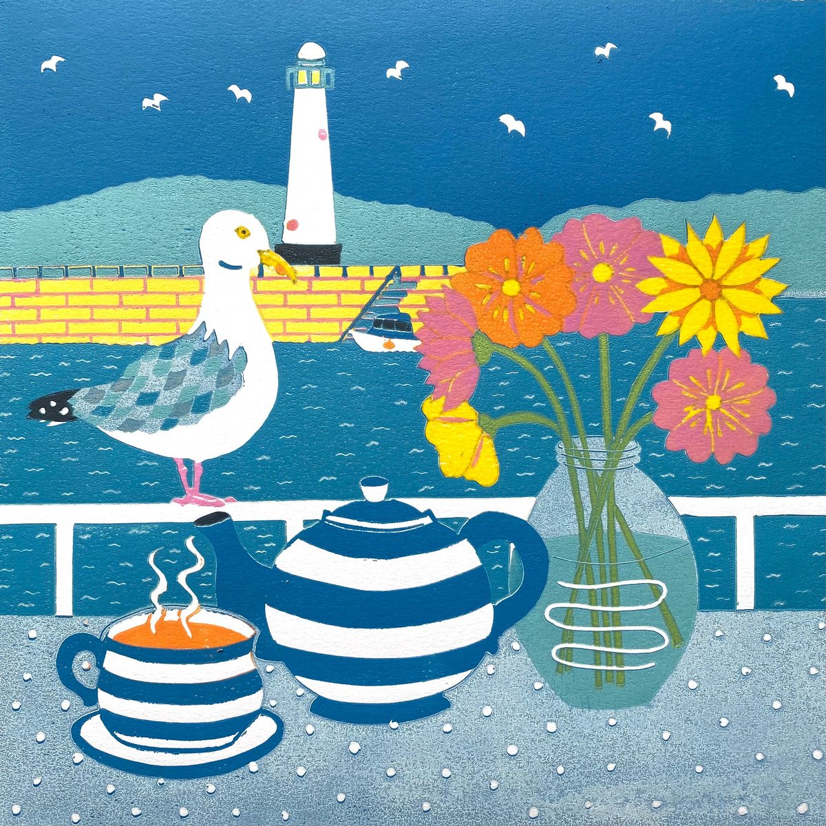 Illustrative Animal Linocut By Nathalie Pymm Art, 12 X 12", Tea With A Friend, Original Artwork