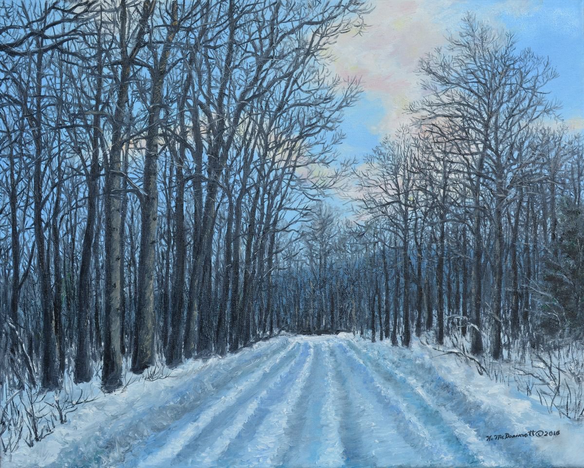 Impressionistic Landscape Oil Painting By Kathleen Mcdermott, 20 X 16", Winter Road To The Gas Well, Original Artwork