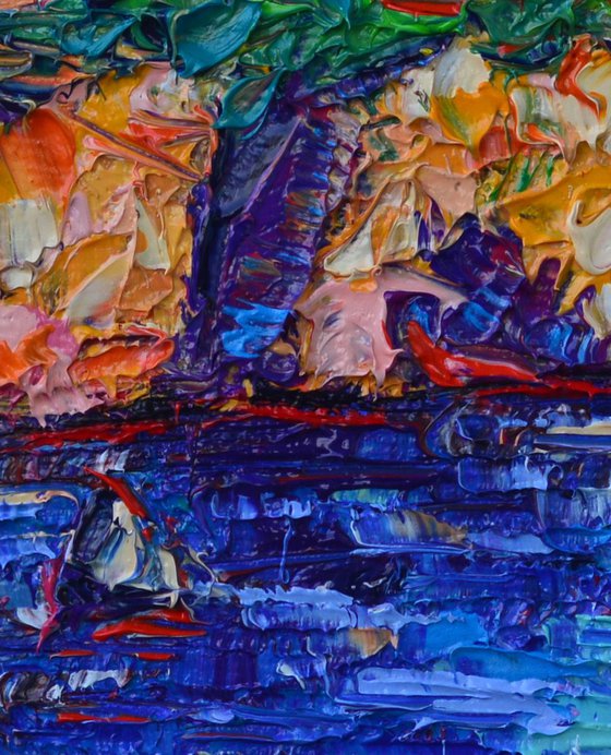 MANAROLA SUNSET COLORS CINQUE TERRE ITALY modern impressionism impasto textural palette knife oil painting abstract stylized cityscape by Ana Maria Edulescu abstract cities