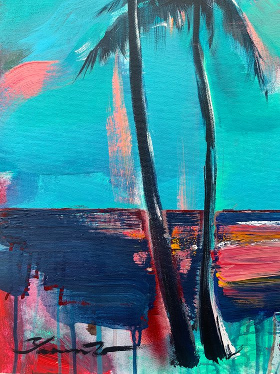 Delicate painting - "Pink moon" - Pop Art - palms and sea - night seascape - 2022