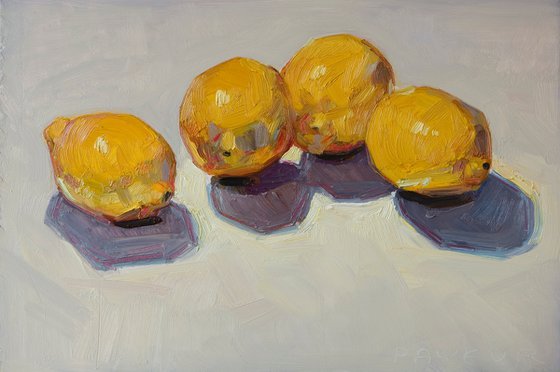 modern expressionist still life of yellows lemons on white