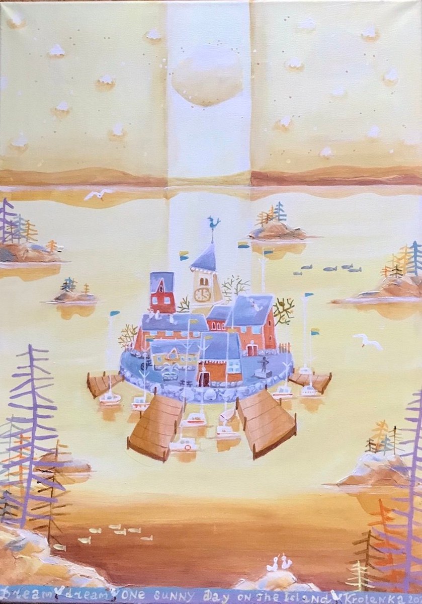 Impressionistic Landscape Oil Painting By Alexandra Krasuska, 20 X 28, A Happy Town On The Island, Original Artwork