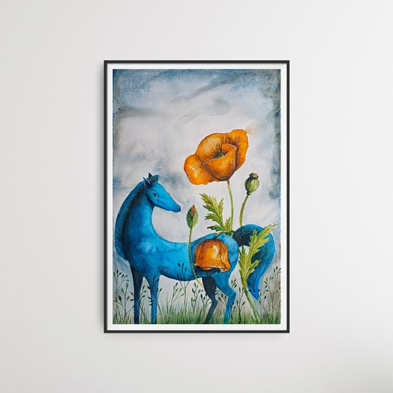 Blue Horse and Poppy Flowers