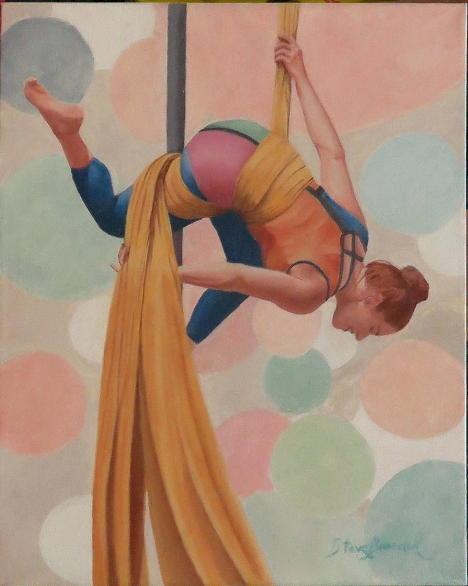 Photorealistic Portrait Oil Painting By Stephen Benedek, 16 X 20", Acrobat With Circles, Original Artwork