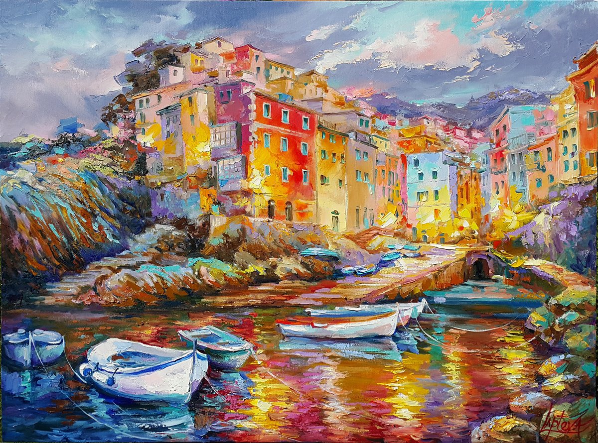 Impressionistic Landscape Oil Painting By Viktoria Lapteva, 31 X 24", Magical Evening In Riomaggiore, Cinque Terre, Artfinder