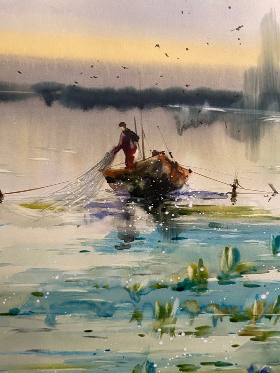 Watercolor “Fishing early morning” gift for him