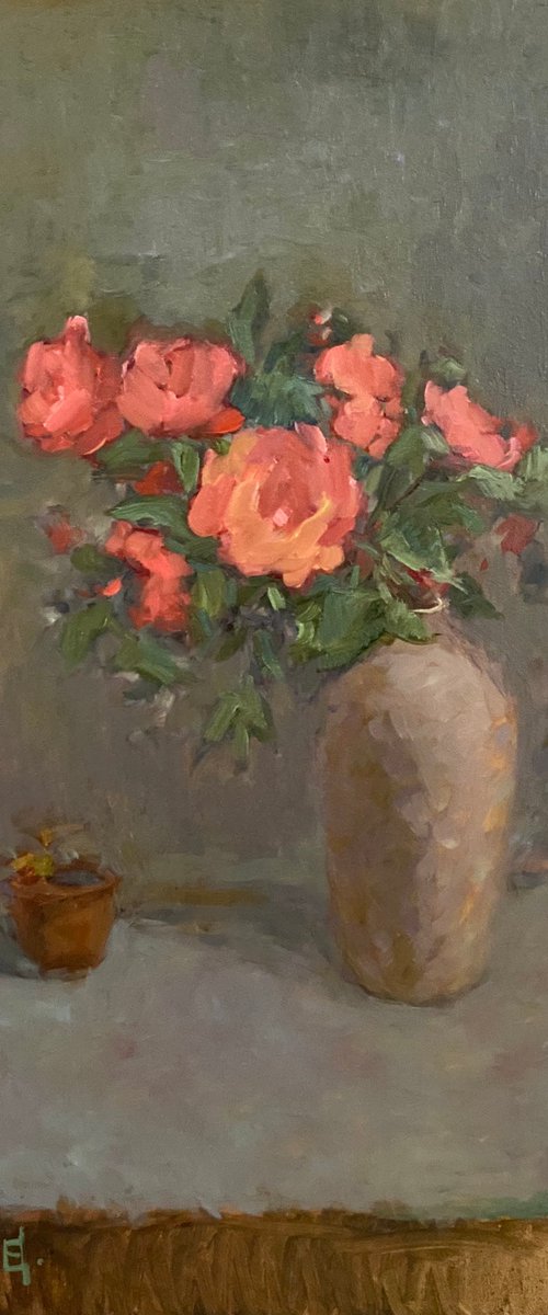 Still Life with Coral Roses by Elena Bulatova