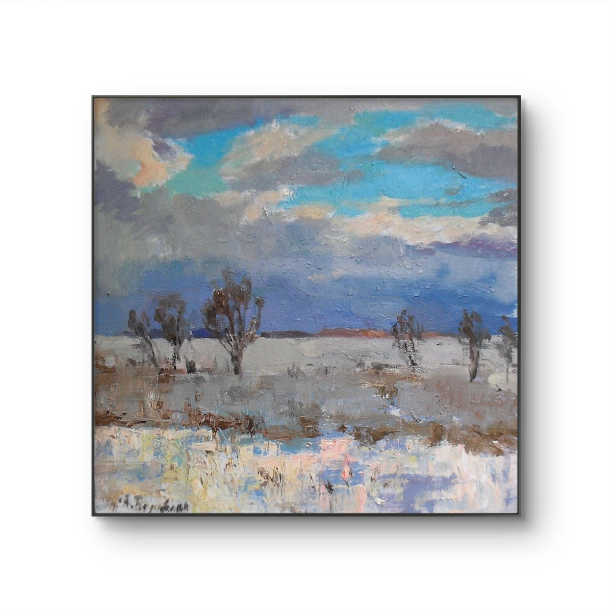 Impressionistic Landscape Oil Painting By Andriy Berekelia, 16 X 16, Winter Symphony Of The Sky, Original Artwork
