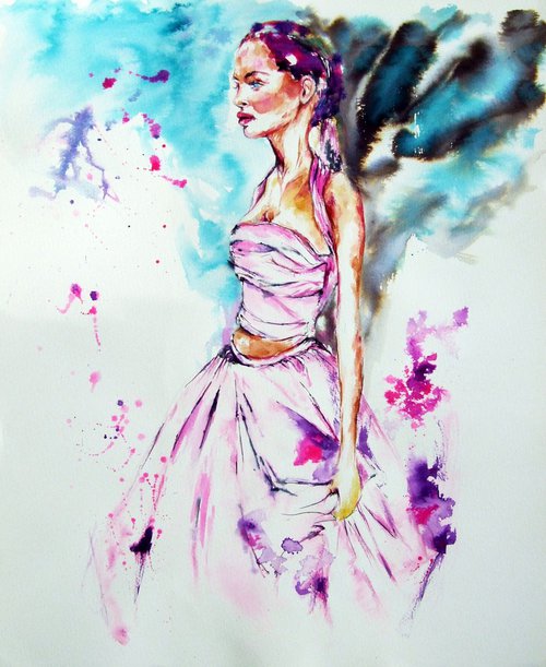Pink angel / Portrait of a fashion woman / Watercolour by Anna Sidi-Yacoub