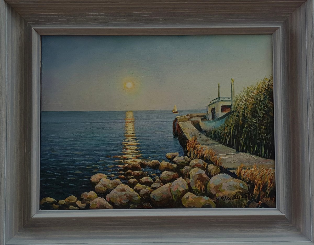 Impressionistic Landscape Oil Painting By Valentinas Yla, 20 X 17", Full Moon, Original Artwork