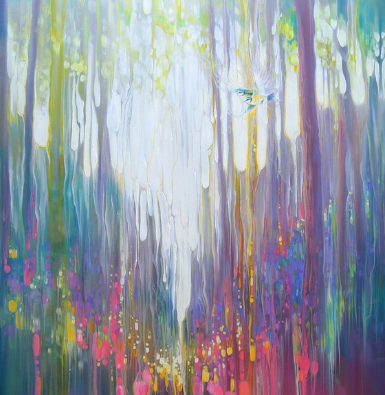 The Secret - a semi abstract woodland glade with wildflowers and birds