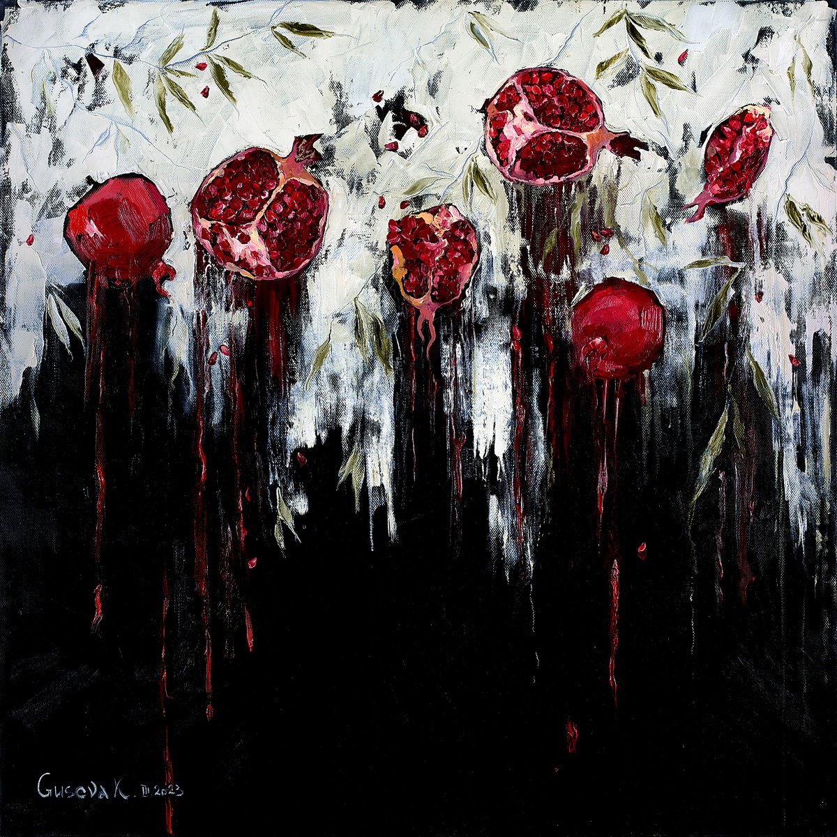 Impressionistic Botanical Oil Painting By Kateryna Guseva, 35 X 35", Pomegranate Story, Original Artwork