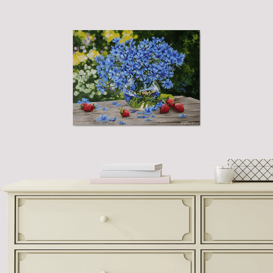 Sunlit Blue Cornflowers with Strawberries