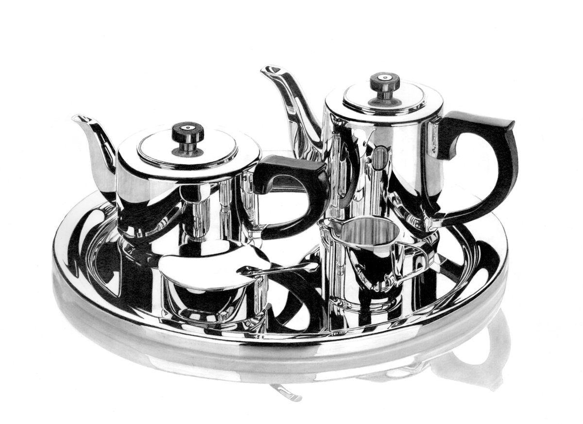 Photorealistic Still Life Pencil Drawing By Paul Stowe, 22 X 16", Chrome Tea Set Ii, Original Artwork