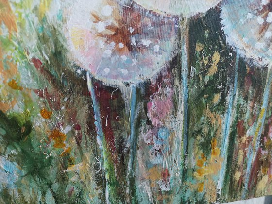 Dandelions flowers painting, Textural painting on canvas