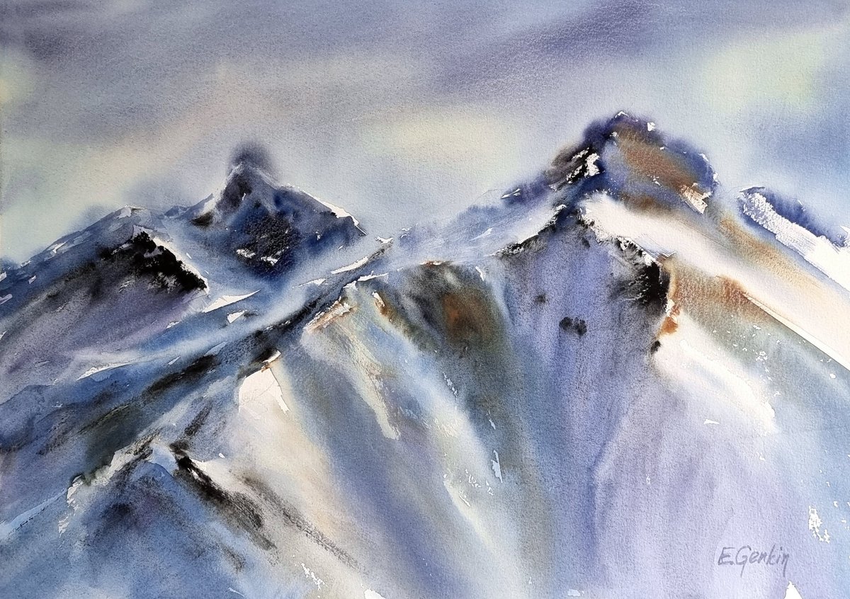 Impressionistic Watercolour , Winter Mountains -4 By Elena Genkin, 16 X 11, Artwork For Sale On Artfinder