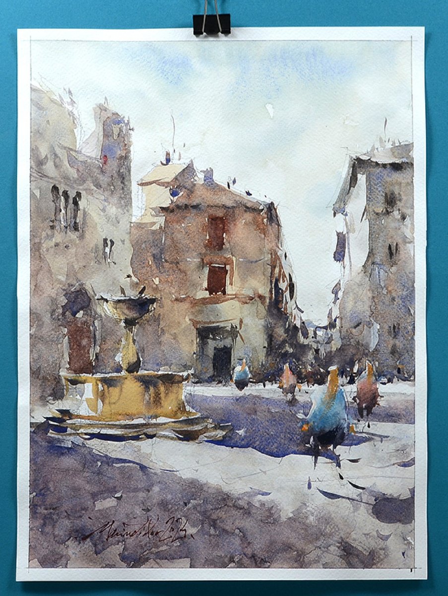 Expressive Cityscapes Watercolour By Marin Victor, 9 X 14", Italian Village, Watercolor., Original Artwork