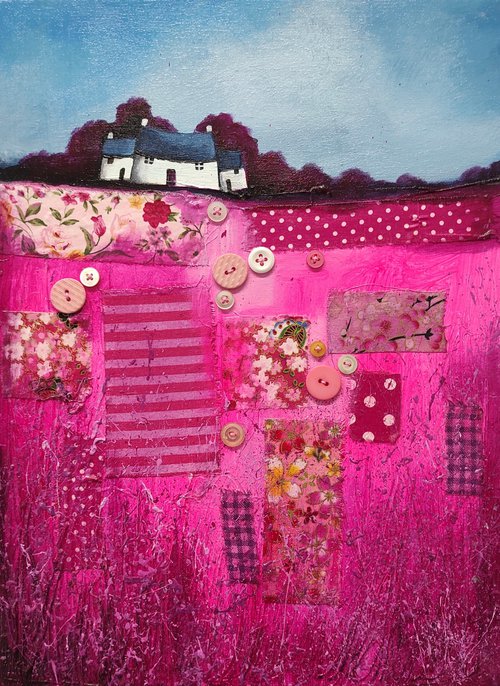 magenta pink patchwork field by Jane Palmer Art
