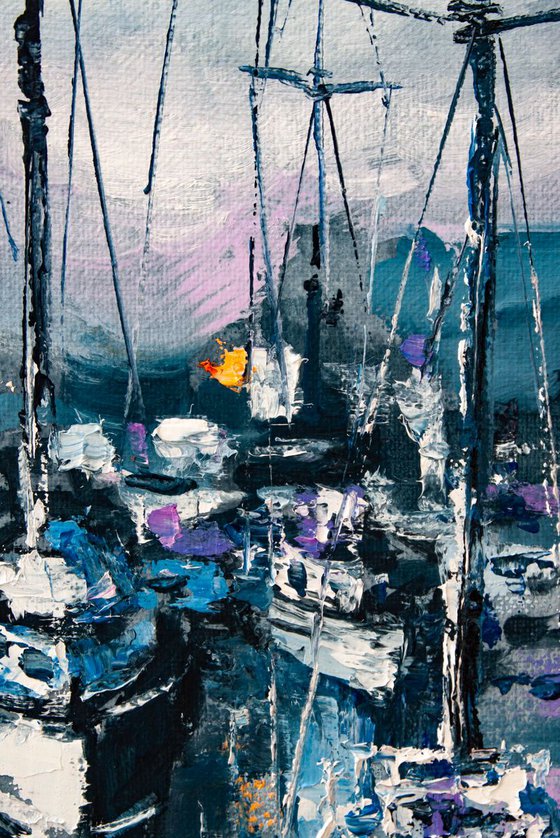 "Sailboats in the harbor" yachts at sea, landscape