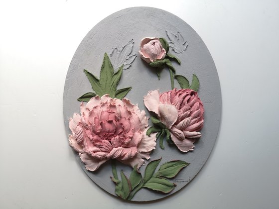 Peonies relief painting - 3d landscape, 26x32x5 cm