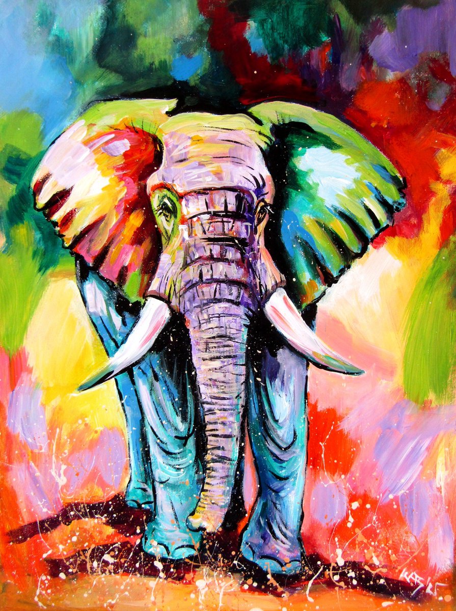 Impressionistic Animal Acrylic Painting By Kovacs Anna Brigitta, 12 X 16", Walking Majestic Elephant, Original Artwork