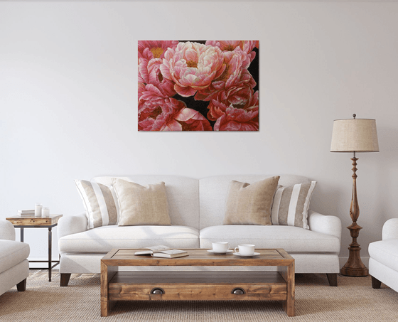 Red peonies on dark background