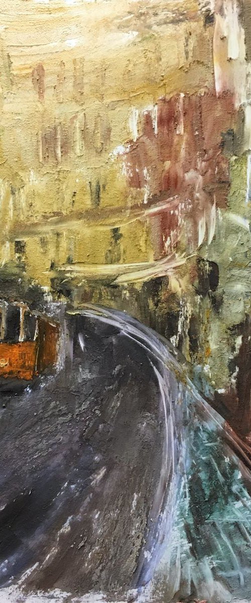 Yellow Tram Cityscape Painting,Original Art, Knife Palette by Leo Khomich