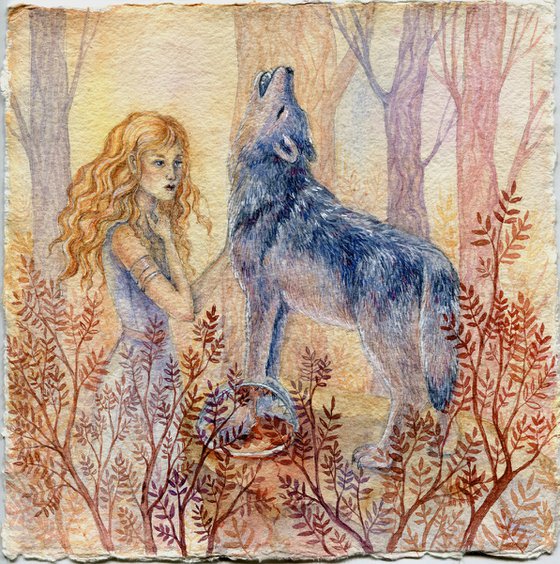 Wolf in trap and beautiful blond woman. Fairytale scene watercolor art.