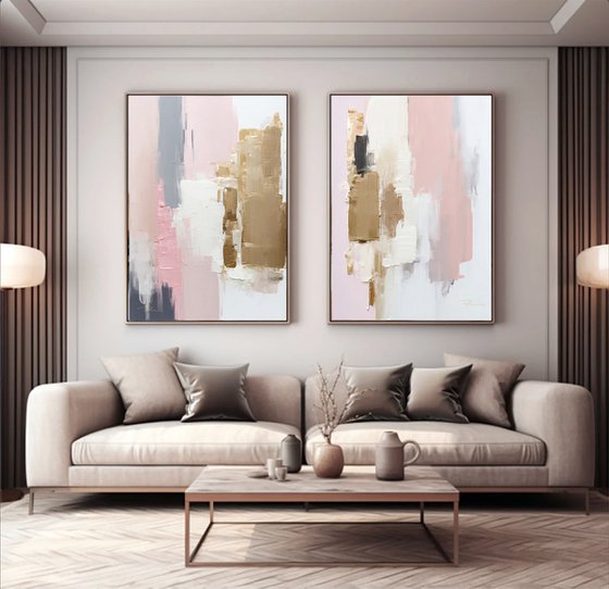 Pastel Pink and Gold Urban Landscape Set of 2