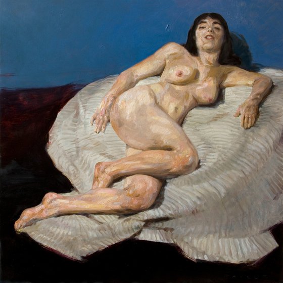 modern nude of a woman on blue background