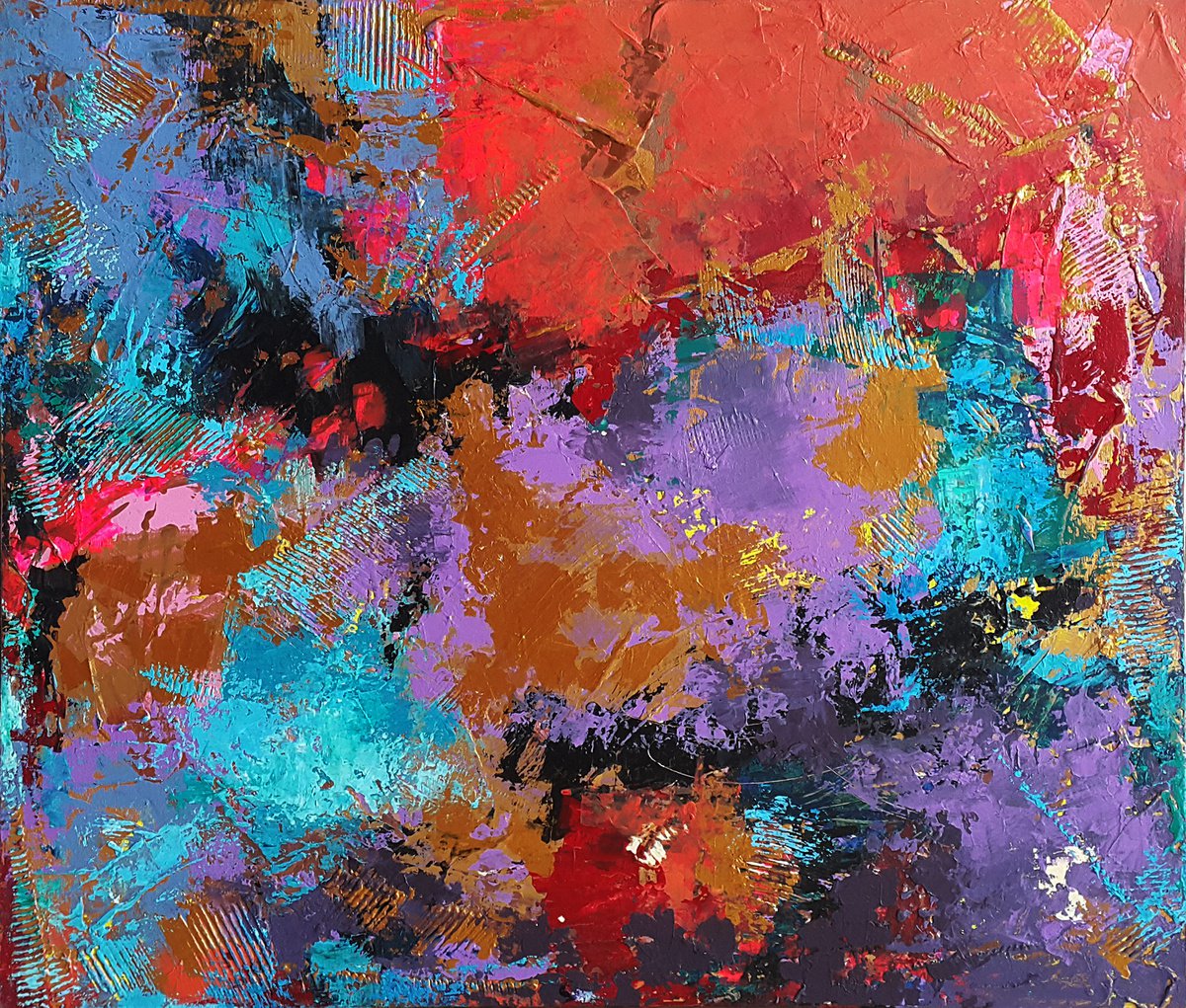 Geometric Abstract Oil Painting By Viktoria Lapteva, 31 X 28", Colored Fantasy, Original Artwork