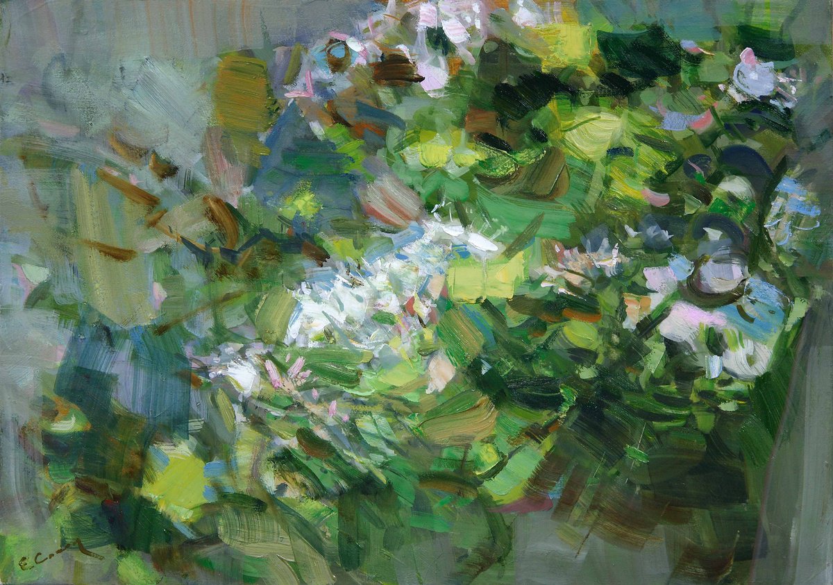 Expressive Botanical Oil Painting By Eugene Segal, 28 X 20, Blooming Apple Tree, Original Artwork