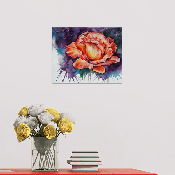 Emotional rose - original watercolor flower and splashes
